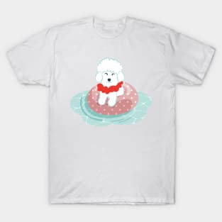 Summer pool pawty // aqua background poodle dog breed in vacation playing on swimming pool T-Shirt